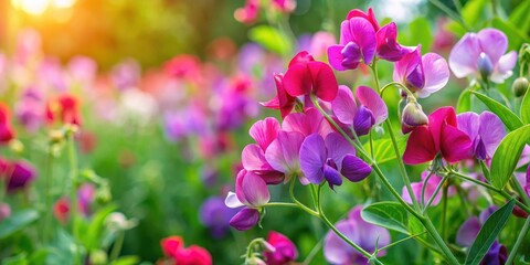 Obraz premium Vibrant pink and purple sweet peas blooming in a lush garden with green foliage , flowers, lush, flowers, lush