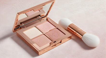 Flat lay of a rose gold four-pan makeup palette with brush, showing highlighter and blush shades against a pink background.