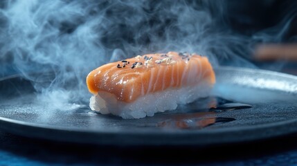 Close-up of a piece of salmon nigiri sushi on a dark plate, surrounded by wisps of smoke.