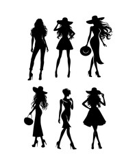 A set of fashion silhouettes, showcasing elegant women in stylish poses and outfits. The designs include figures in cocktail dresses and wide-brimmed hats.