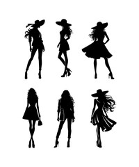 A set of fashion silhouettes, showcasing elegant women in stylish poses and outfits. The designs include figures in cocktail dresses and wide-brimmed hats.