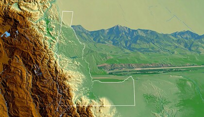 Topographic map of Idaho, showcasing its varied landscape, from mountainous regions to valleys and plains, highlighted by a detailed border.
