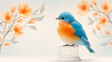 Obraz premium A small, cute blue and orange bird sits on a small iron pedestal against a light background with orange branches covered in flowers. Copy space.