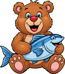 Happy brown bear holding big blue fish, smiling cartoon animal character with red nose and pink paw pads, cute illustration for kids’ designs