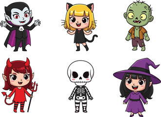 Cartoon kids in Halloween costumes, vampire, cat girl, zombie, devil, skeleton, witch, cute characters, spooky dress up, festive holiday vector illustration