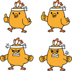 Cute yellow chicken cartoon character set, various poses and emotions, thumbs up, angry, furious, mascot design, vector illustration for stickers and animation