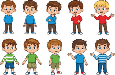 Set of ten cartoon boys with different hairstyles, outfits, and poses, children’s character illustration for diversity, education, and activity designs