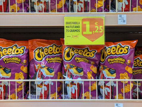 Matutano Cheetos Pandilla Fantasmas snacks bags in spanish supermarket. Potato chips, appetizers, retail, store, sale, packaging, groceries, food industry, consumer goods, marketing, shopping. 