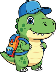 Cute green cartoon dinosaur wearing baseball cap and backpack, smiling character illustration for children’s education, adventure, or entertainment designs