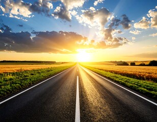 Sunset Road Asphalt Highway Field.