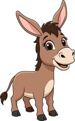 Cartoon brown donkey with beige muzzle and cheerful smile, standing on four legs, friendly farm animal illustration for children’s books and playful designs