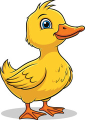 Cute yellow duckling cartoon character with orange beak and blue eyes, standing upright, cheerful farm animal illustration for children’s books and playful designs