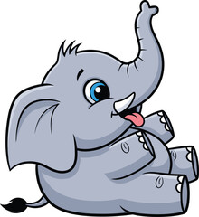 Cute cartoon baby elephant sitting with trunk raised, smiling animal character illustration for children’s books, educational, or playful designs