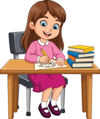 Cartoon girl studying at desk with books, smiling student drawing or writing, education and learning concept, classroom or home study vector art