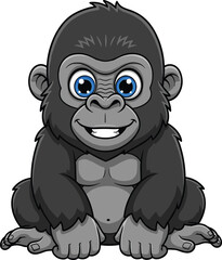 Cartoon baby gorilla sitting, cute jungle animal illustration, smiling primate character, wildlife education concept, children’s zoo animal vector art