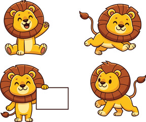 Set of four cute cartoon lions with brown manes in different poses, cheerful wild animal character illustrations for children’s books and playful designs