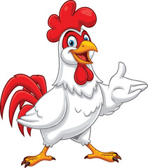 Cute cartoon rooster with red comb and wattle, smiling farm bird character illustration for kids, agriculture, and educational designs