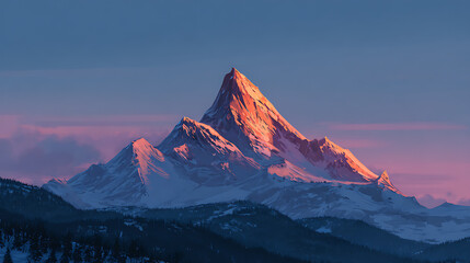 Majestic snow-capped mountain peak bathed in golden light during sunset in a serene mountainous landscape Generative AI