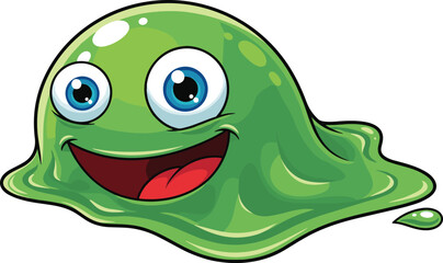 Cute green slime cartoon character with shiny surface, big blue eyes, and cheerful smile, playful mascot for games or kids’ designs