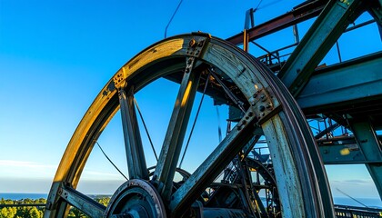 Large industrial cogwheel mechanism against a vibrant blue sky, showcasing intricate details and aged metal tones.