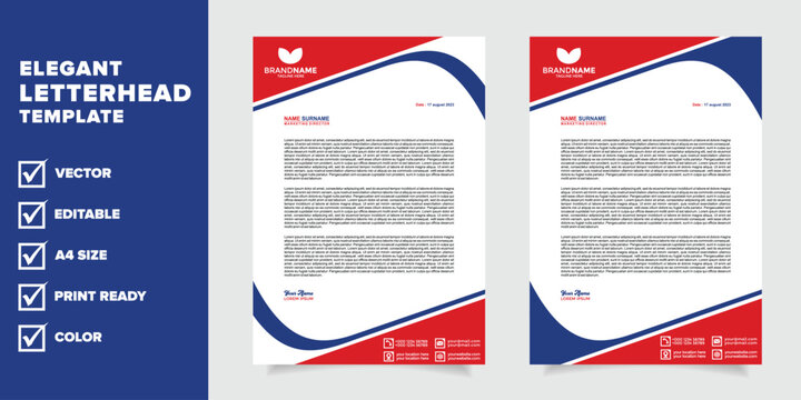 modern letterhead a4 template for professional stationery design with blue, red color - Powered by Adobe