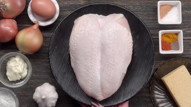 Top view shot of placing a plate with raw chicken breast on a table. Ingredients for cooking homemade chopped chicken patties are laid out. Culinary flat lay concept