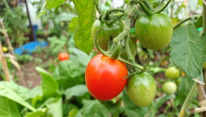 Red Cherry Tomato Ripening on the Vine in a Garden with Green Leaves