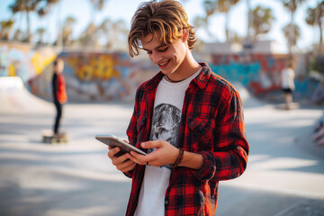 Young man in his early 20s at skate park on sunny day dressed in red shirt with skateboard while smiling at smartphone. Vibrant ramps, graffiti, blurred figures background. Active people concept