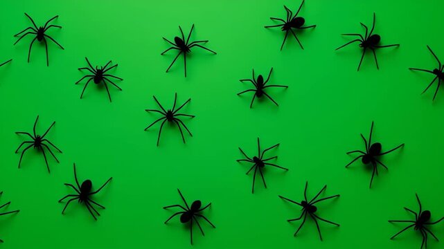 Spooky Halloween spiders crawling on vibrant green background, perfect for holiday promotions, party invitations, and festive marketing campaigns