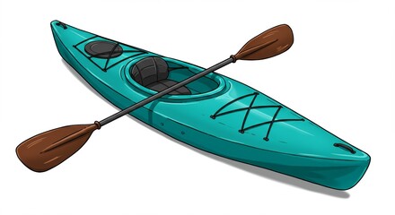 A green kayakle with a paddle showing realistic and illustrated vector of a kayak with paddle, on white background