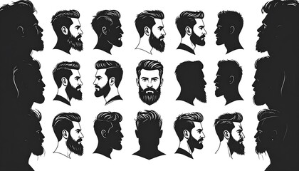 A collection of diverse male head and beard styles in a bold black and white silhouette design.