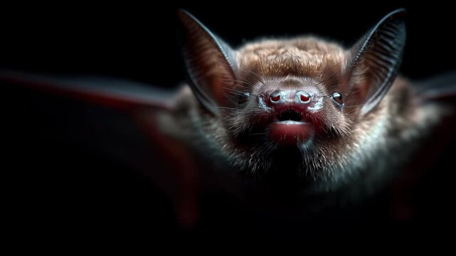 Closeup of a bat with open mouth in darkness