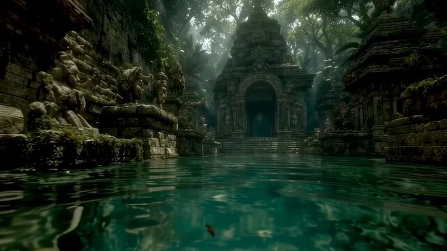 Ancient temple ruins submerged in turquoise water, surrounded by lush jungle. Mysterious archaeological site with stone faces and arches. Mystical atmosphere of lost civilization.