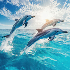 Obraz premium Playful dolphins leaping through crystal-clear turquoise waters, sunlight reflecting off their sleek bodies, ultra-detailed textures, cinematic ocean photography, high-resolution wildlife shot 