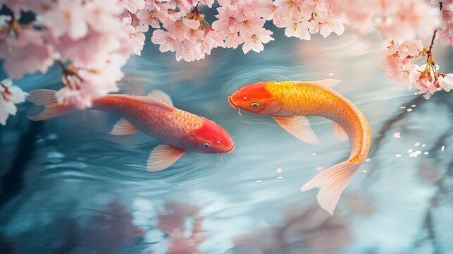 Peaceful Japanese Koi Fish Under Spring Cherry Blossoms