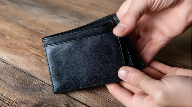 Mans hands opening a classic black textured leather bifold wallet with card slots.