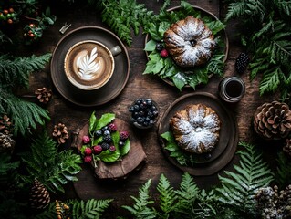 Autumnal Breakfast, Coffee, Croissant, Berries, and Pine Cones