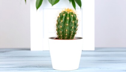 A small, vibrant cactus sits in a simple white pot on a light blue wooden surface.