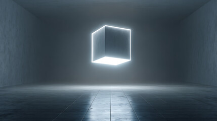Floating cube illuminated in a dark, minimalistic environment emphasizing abstract design elements and modern aesthetics Generative AI