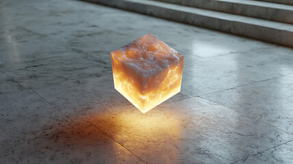 Floating crystalline cube emits warm light in a serene indoor environment featuring polished stone surfaces Generative AI