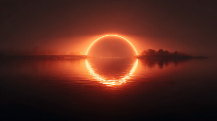 Mesmerizing sunset over calm water with glowing orange reflections and silhouettes of distant trees Generative AI