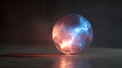 Colorful glowing sphere illuminated by vibrant blue and orange light on a dark surface in a dimly lit room Generative AI