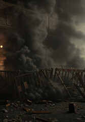 Fototapeta premium Smoke rising from debris in a desolate urban environment
