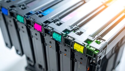Close-up view of various ink cartridges, showcasing their intricate internal components and colorful elements.  The stacked cartridges reveal details of the mechanical parts and ink channels.