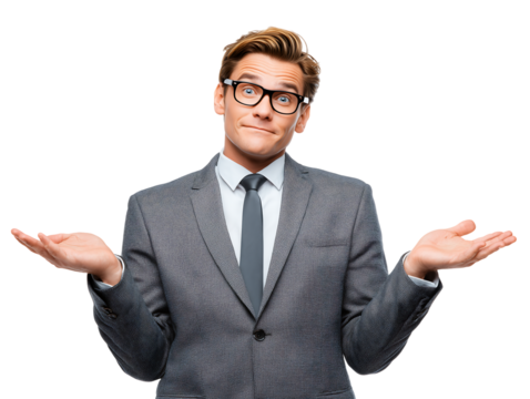 Confused Businessman Gesturing, Uncertain Expression, Stock Photo