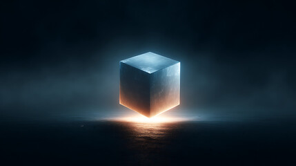 Illuminated cube floating in dark mist with soft glow at its base and mysterious atmosphere enveloping the surroundings Generative AI