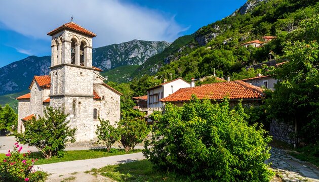 A picturesque village nestled in a valley, showcasing a stone church with a bell tower and terracotta-roofed houses amidst lush greenery and a backdrop of mountains.