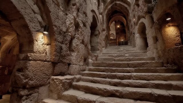 Ancient stone staircase in underground crypt or catacomb. Medieval architecture with arched passages and wall torches. Historical archaeological site exploration
