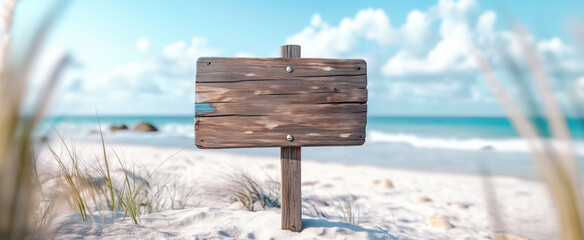 Empty wooden sign standing on sandy shore with ocean waves in background, bathed in warm sunlight. Aged wood texture contrasts with smooth sand and blue water, creating a serene coastal scene.