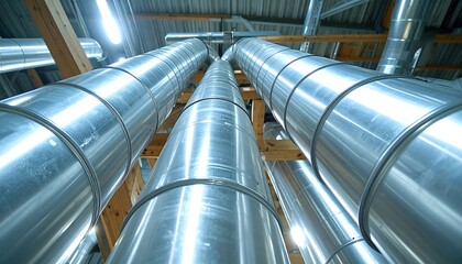 Large, polished metal pipes ascend through a wooden-framed industrial space, highlighting engineering precision.
